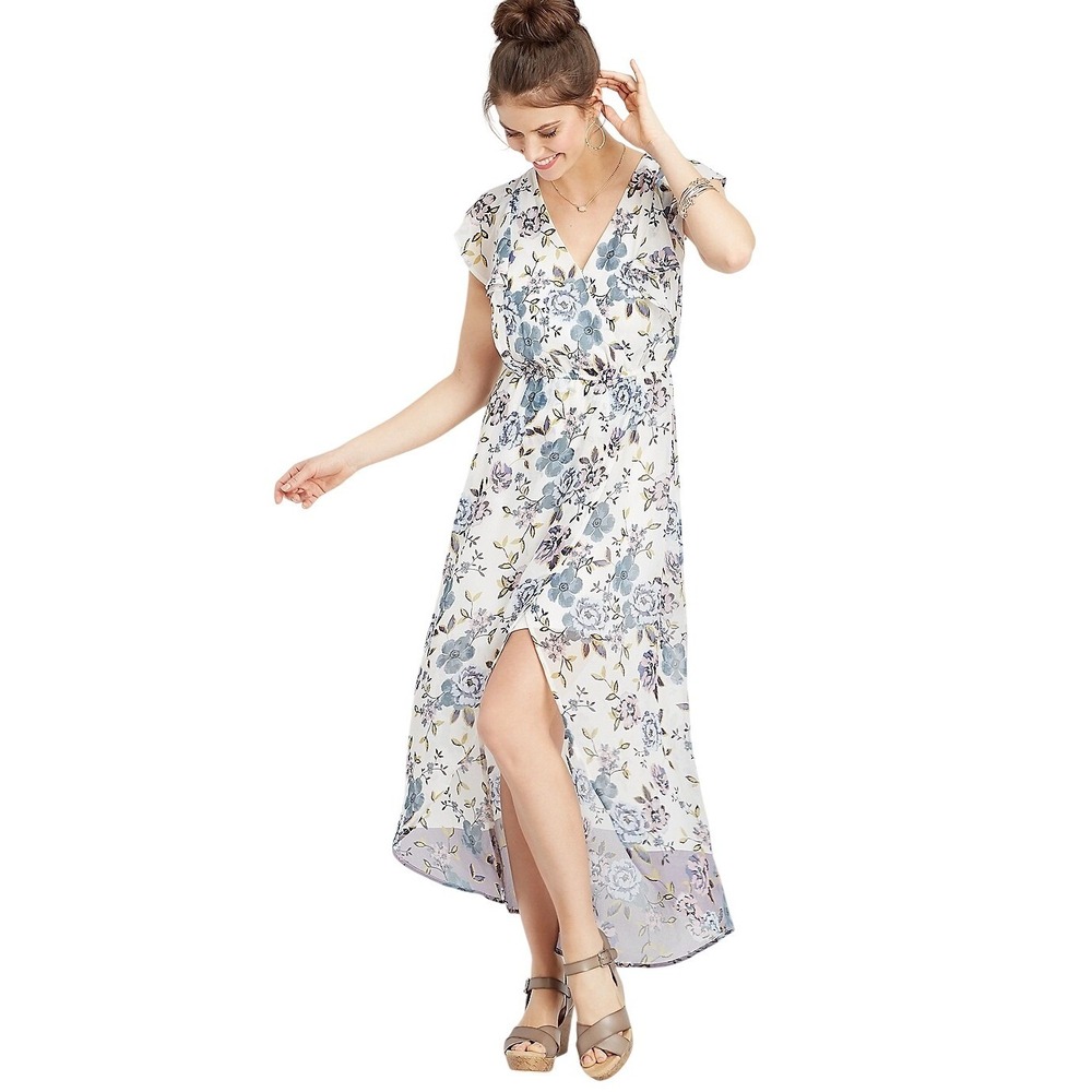 Maurices Floral High-Low Maxi Dress White Blue Flutter Sleeve Large NWT